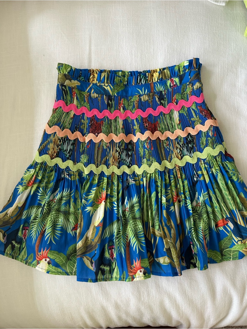 entro Blue Tropical Mini Skirt with Pink Peach & Lime Wave Trim